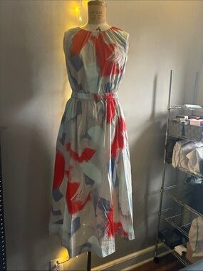Esprit Sleeveless Midi Dress in Red & Light Blue Brushstroke Print
